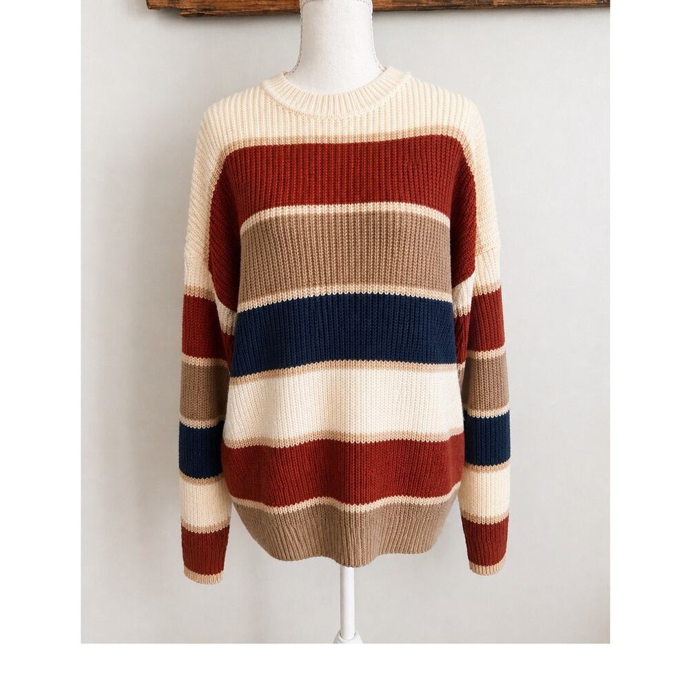 Shein Striped Knit Pullover Sweater S Ribbed Crew Neck Ivory Red Blue Brown